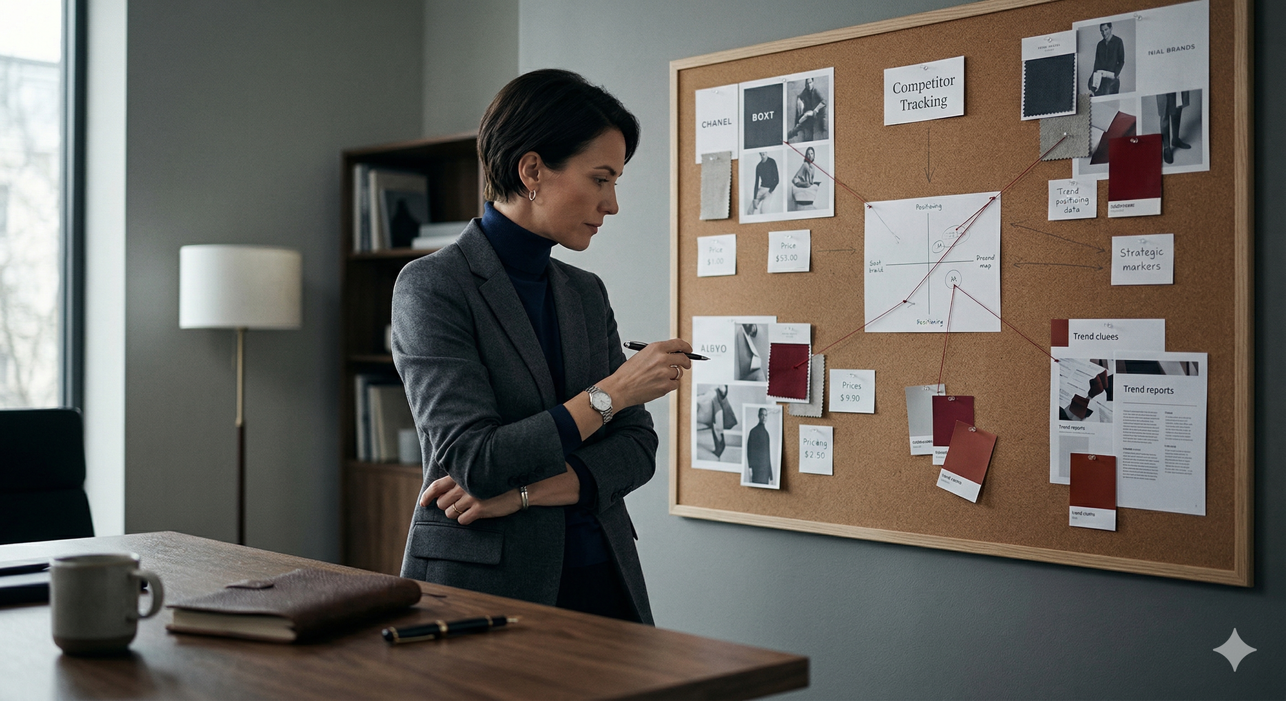 Mujer de negocios analizando un tablero de corcho con fotos, notas y gráficos para rastrear competidores y tendencias de mercado.