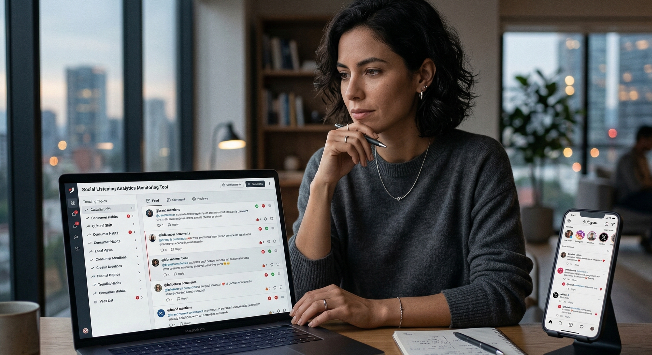 Mujer en oficina analizando datos en laptop y teléfono móvil, con vista a la ciudad desde grandes ventanas