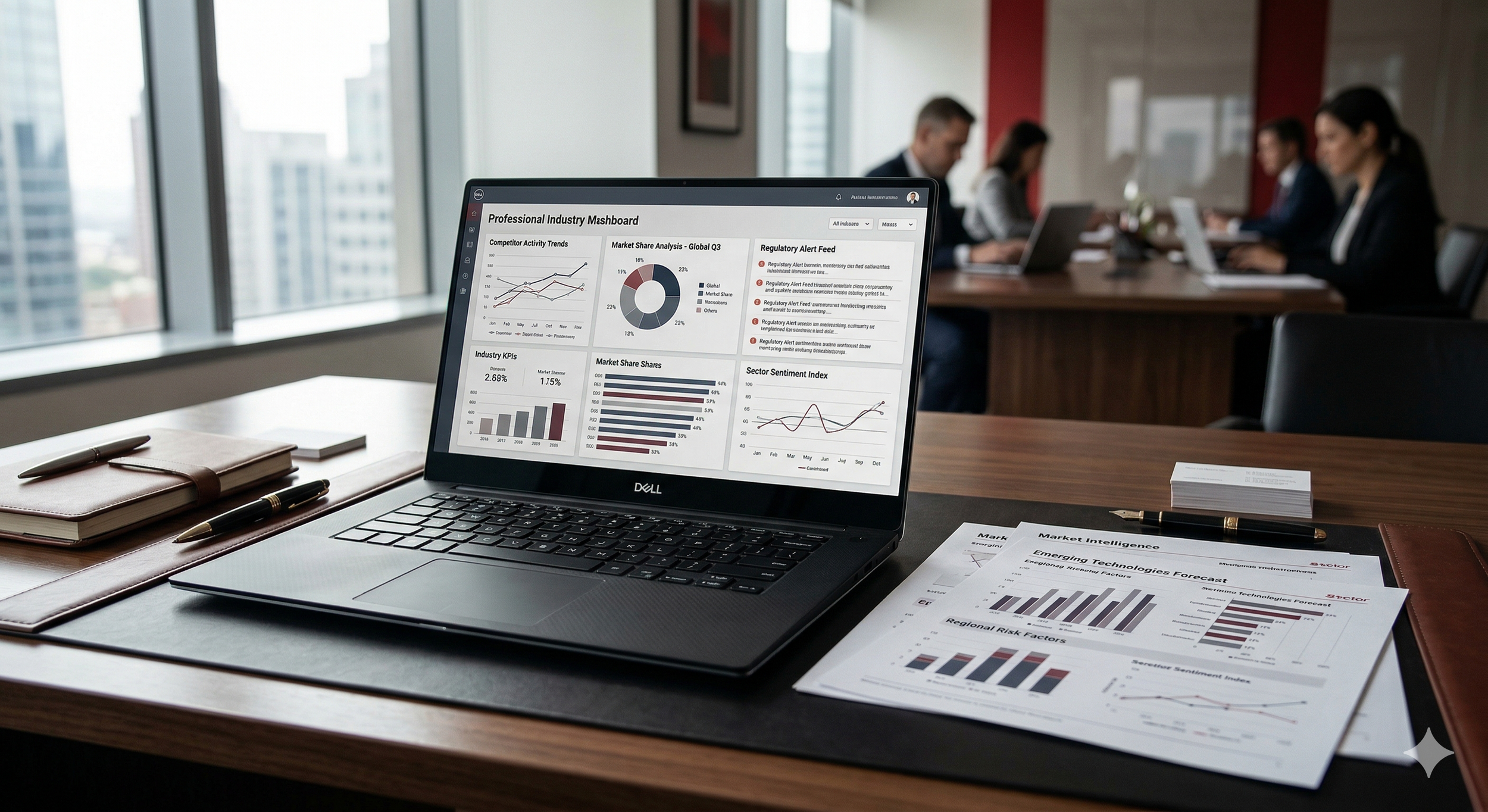 Portátil en una mesa de oficina, mostrando un tablero de análisis de datos y gráficos en la pantalla, con documentos impresos y bolígrafos alrededor, en un espacio con vista a edificios urbanos por ventanas grandes.