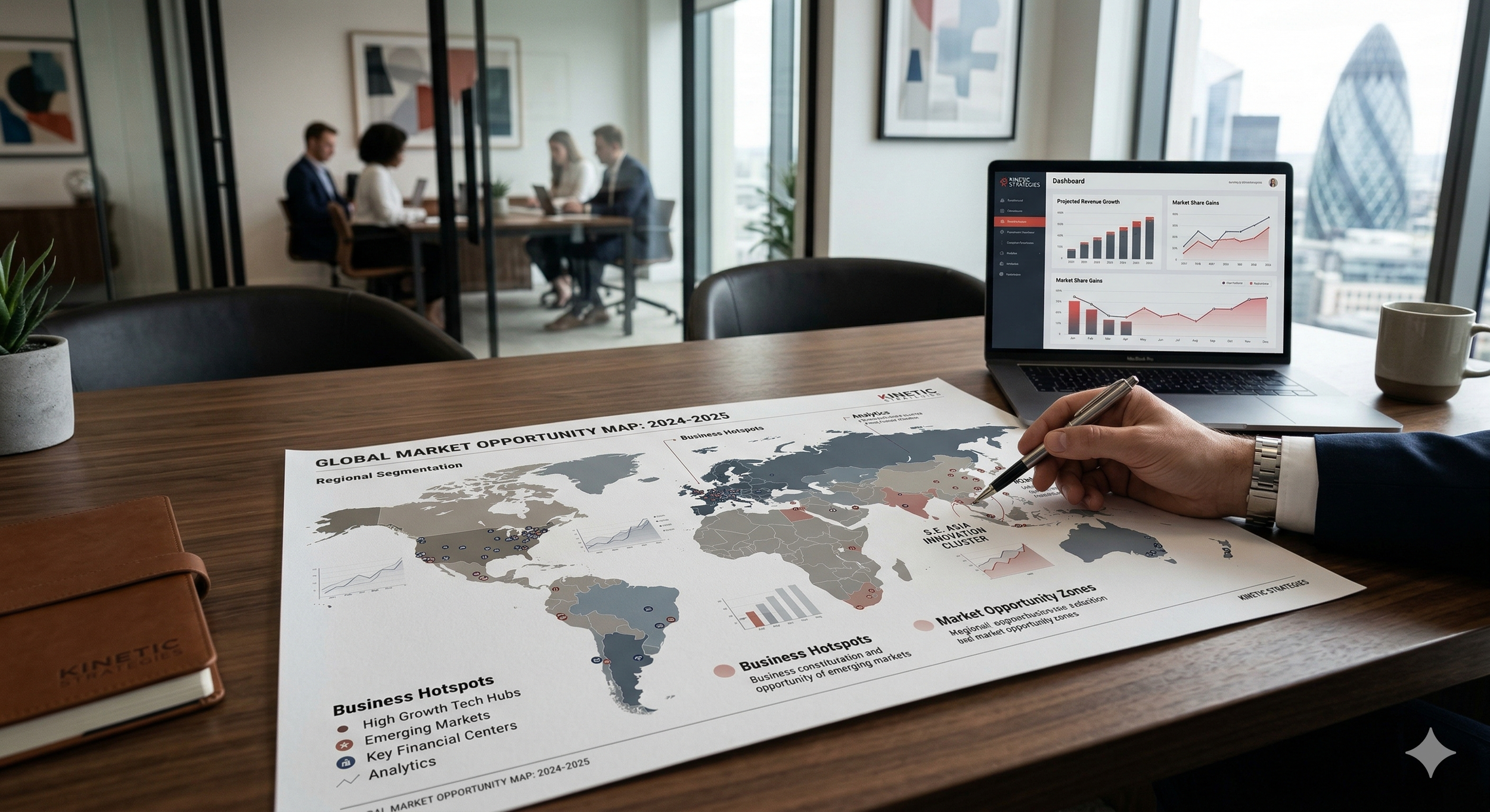 Persona en una oficina revisando un mapa del mercado global y gráficos de oportunidades de negocio, con una laptop que muestra gráficos de crecimiento en el fondo.