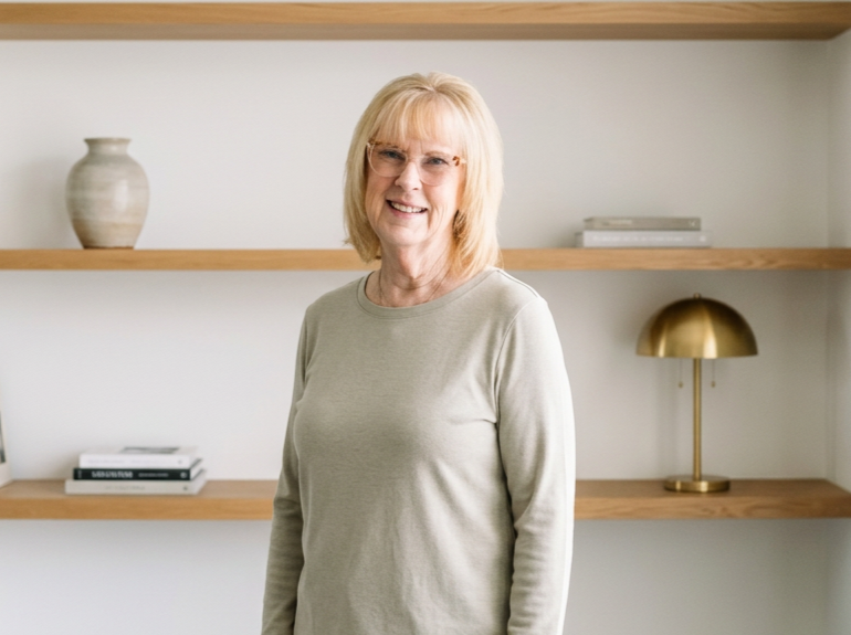 Smiling middle-aged woman with blonde hair and glasses standing in a room with wooden shelves and decorative items, including a vase and a brass lamp.