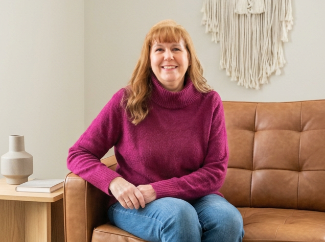 A female therapist with red hair wearing a purple turtleneck sweater and blue jeans, sitting on a brown leather sofa, smiling in a room with a light wall and decorative wall hanging.