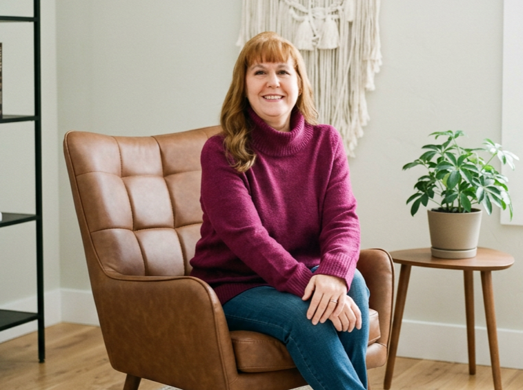A female therapist wearing a purple sweater, sitting on a brown leather armchair in a room with a plant on a wooden side table and house decor.