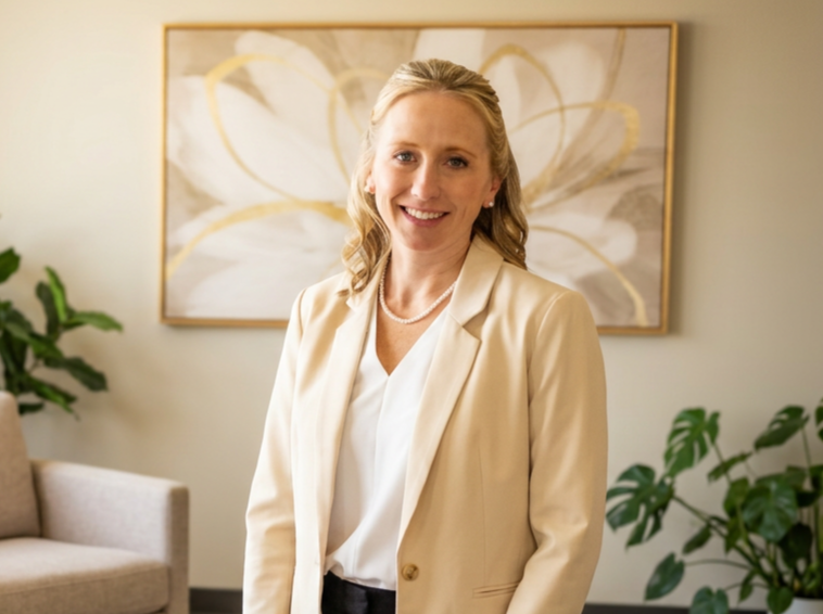 A psychologist with blonde hair wearing a cream blazer and white blouse, smiling in a modern office or living room with beige walls, green plants, a sofa, and an abstract flower painting in the background.