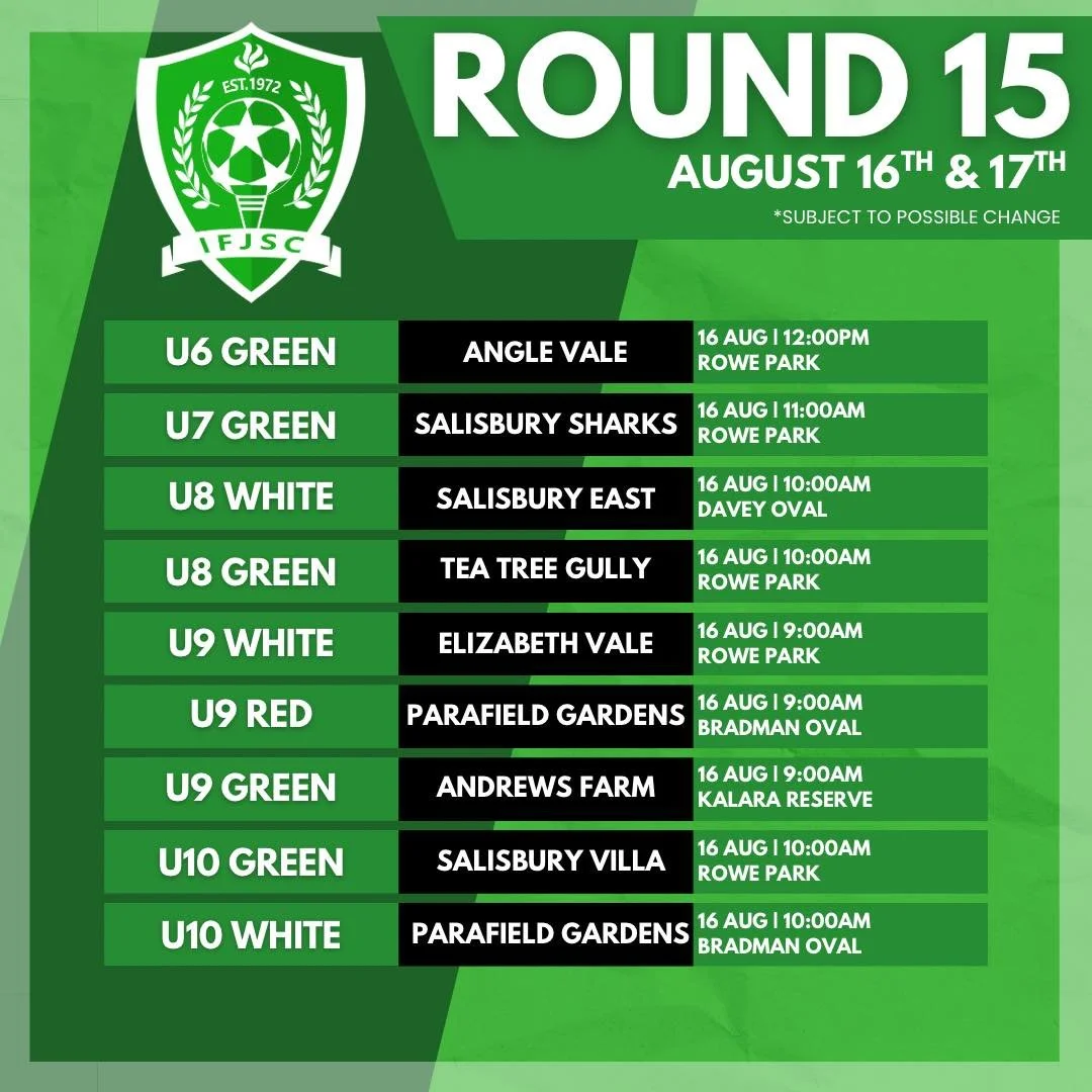 ⚪️🟢⚽️ ROUND 15 FIXTURES ⚽️🟢⚪️ 

🤞🏻 Good luck to all the teams this weekend.

🔔 For more information please visit EDJSA on Dribl https://edjsa.dribl.com/fixtures/?date_range=default&amp;timezone=Australia%2FAdelaide