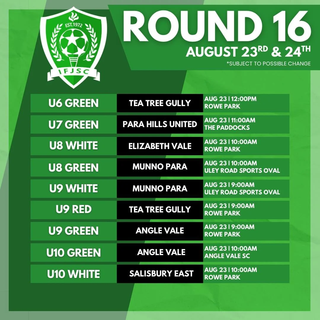 ⚪️🟢⚽️ ROUND 16 FIXTURES ⚽️🟢⚪️ 

🤞🏻 Good luck to all the teams this weekend.

🔔 For more information please visit EDJSA on Dribl https://edjsa.dribl.com/fixtures/?date_range=default&amp;timezone=Australia%2FAdelaide