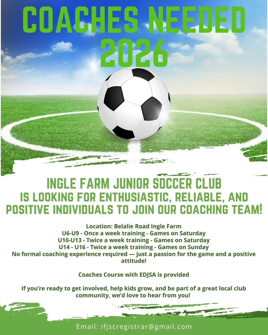 📣 We need coaches for the 2026 season!!

Are you or someone you know interested? Please reach out to us! Join one of the largest clubs in the northern suburbs and help give back to the community. 

No experience needed! We will help you find your fe