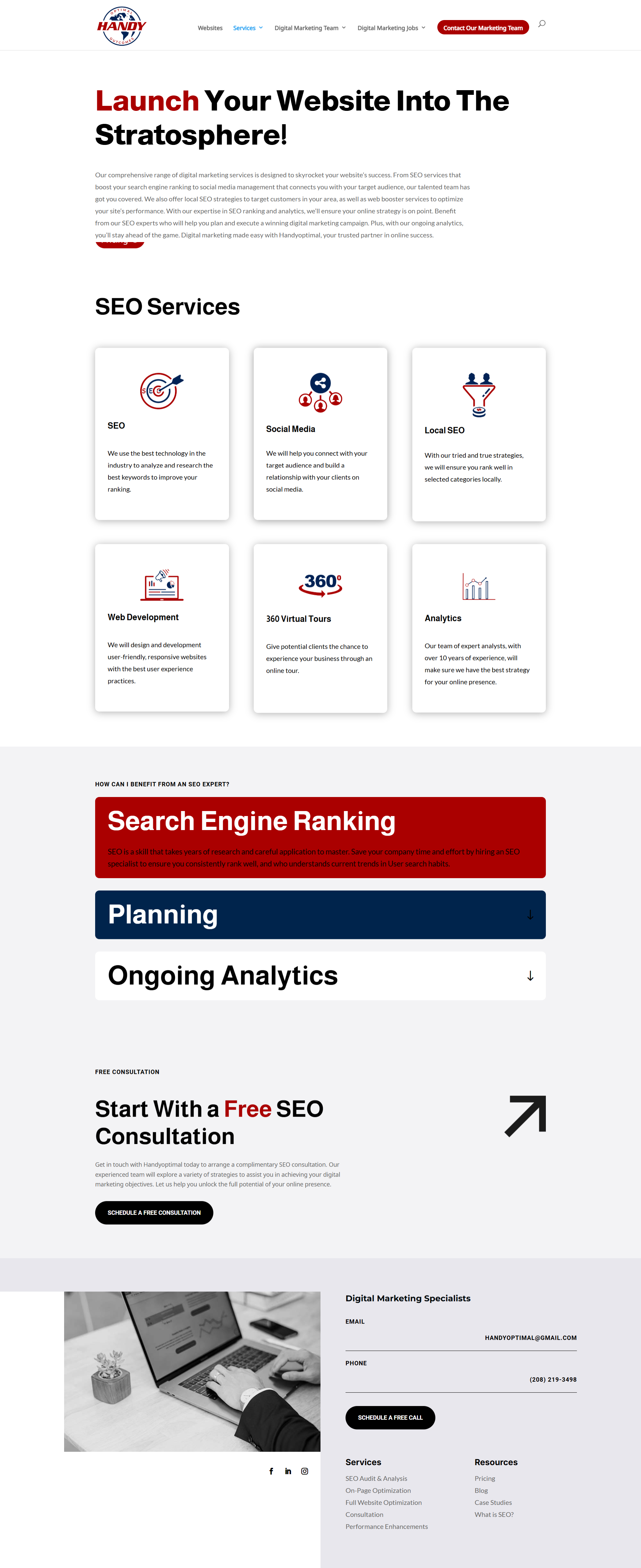 Screenshot of a digital marketing agency's website offering SEO, social media, web development, virtual tours, and analytics services with a call-to-action for free SEO consultation.
