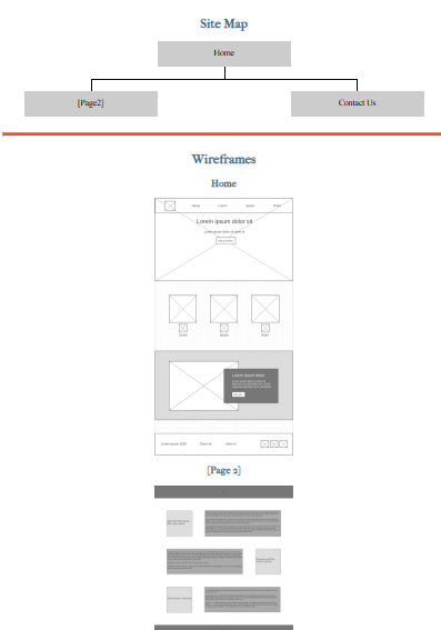 Wireframes of a website showing a homepage layout, a section with three image placeholders, a modal window, and additional content sections.