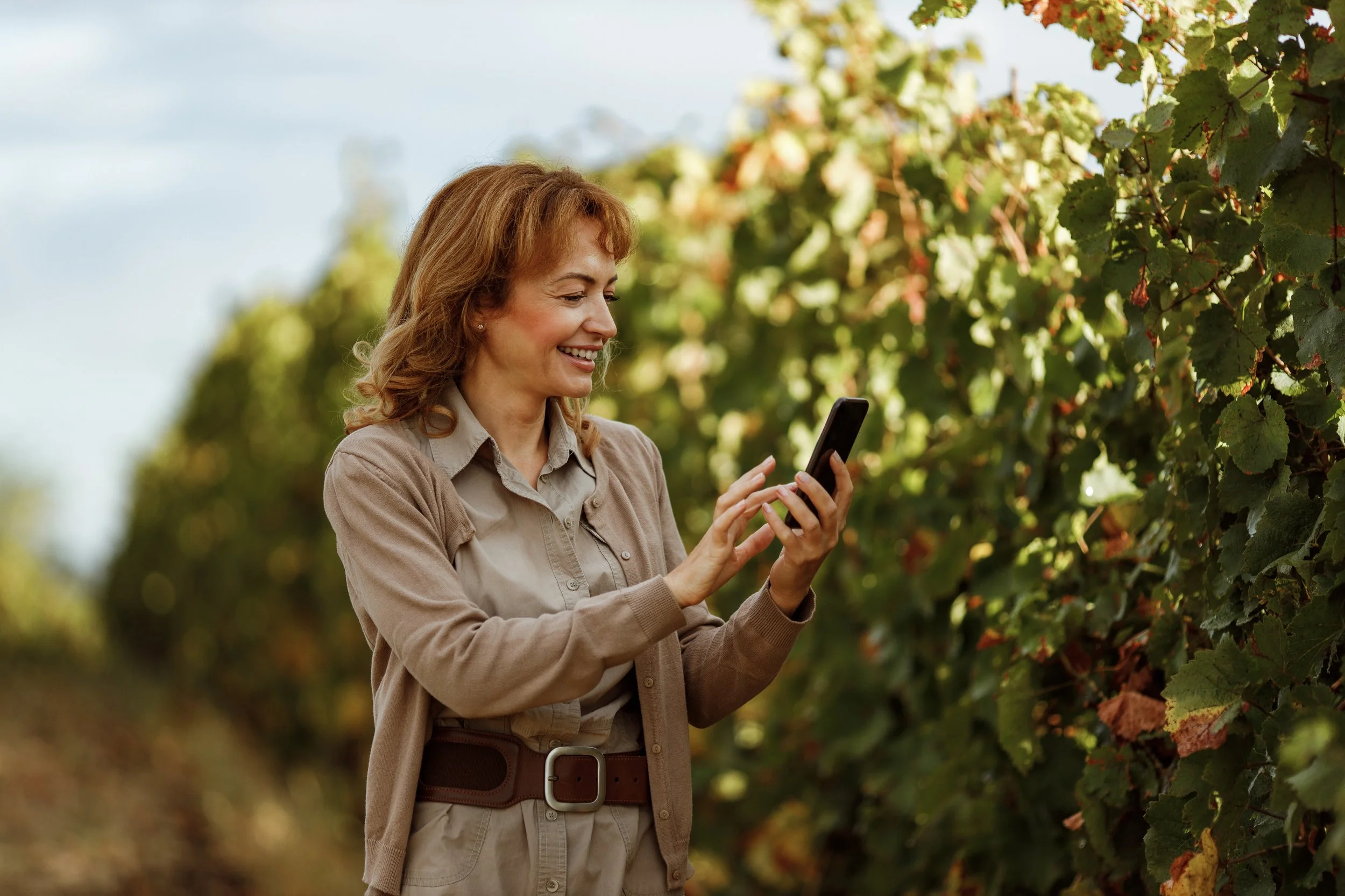 Woman taking a photo of a grape vine at a vineyard