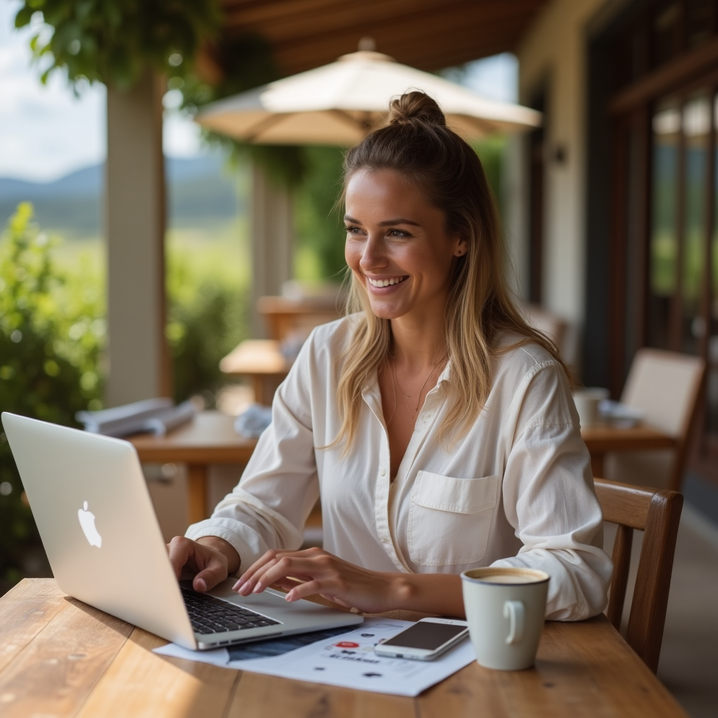 Woman using a laptop smiling