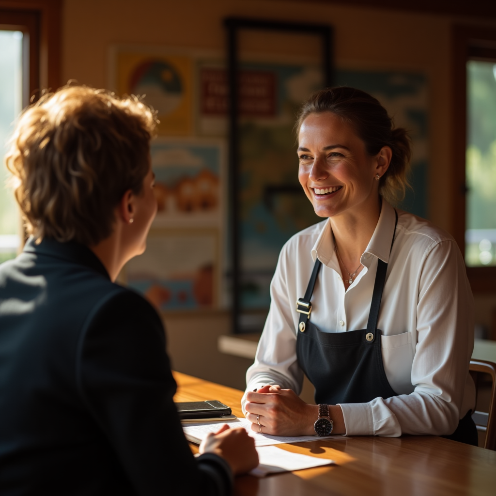 Confident Tourism business owner speaking with a customer over the counter
