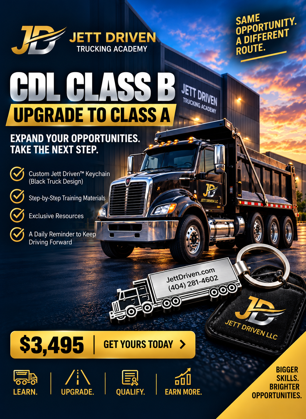 The Jett Driven™ Premium Class B upgrade Keychain and our CDL Training Package, Range and Road.