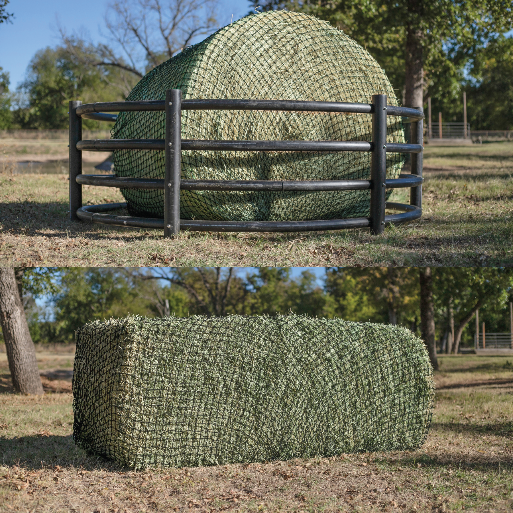 Hay Chix large bale hay net in a round pen