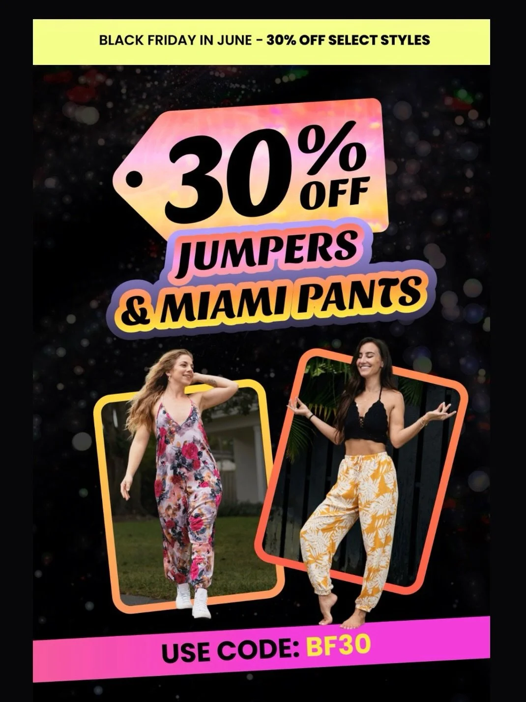 ⚡️ Two Buddha Pants favorites, both at 30% off. ⚡️
​
Jumpers for the soft, layerable comfort in one piece. Miami Pants for the bold and playful summer prints.
Use code BF30 at checkout through June 11.

👉 @buddha_pants