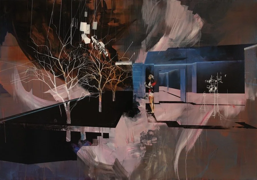 An Escape Plan is Limited by How Far Reality Extends
Beyond the Window, 2012
Oil, acrylic, pen, charcoal, pencil on canvas
42 x 60 in (106.7 x 152.4 cm)