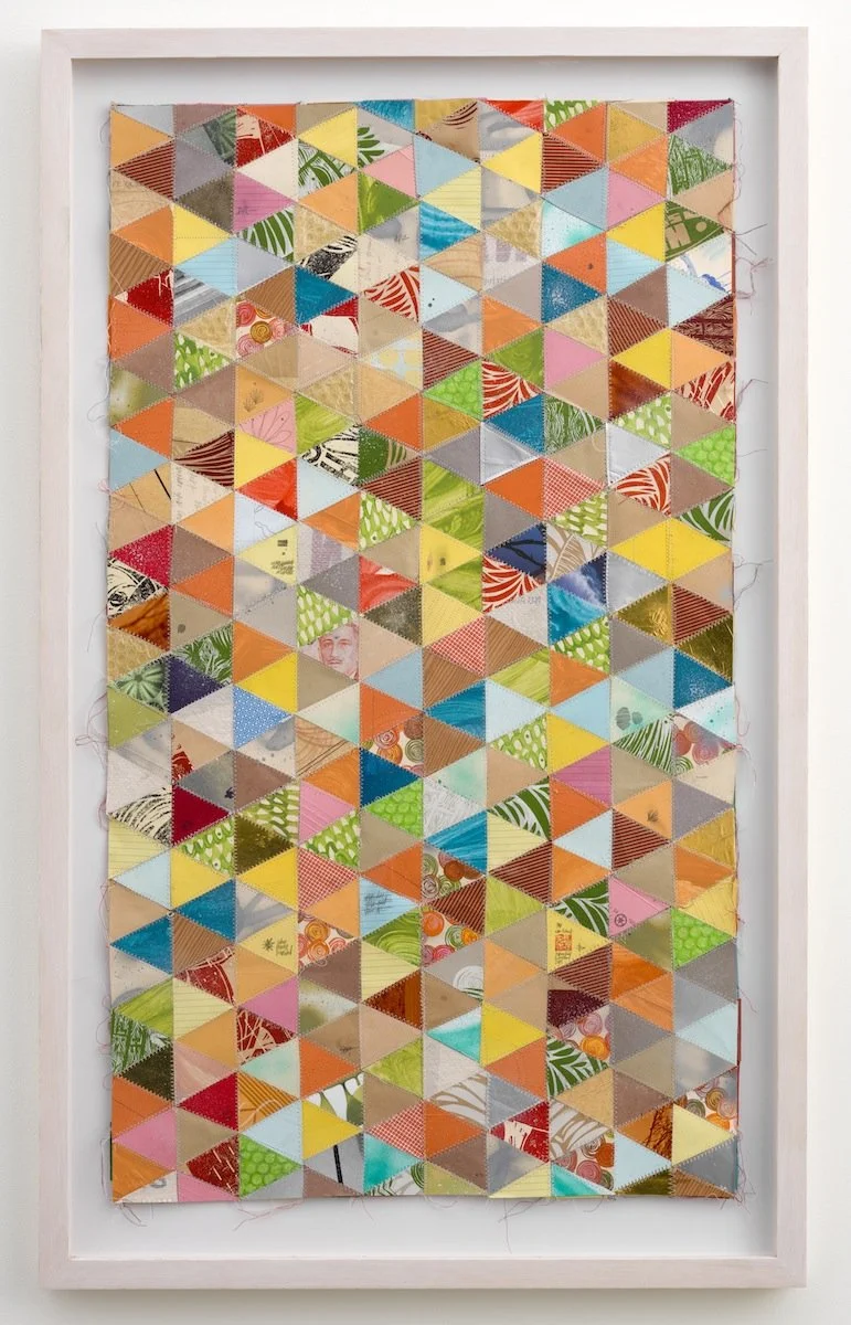 Medium Quilt, 2013
Paper, acrylic, packaging envelopes, thread, spray
paint, pencil, rice bags, various currency
48 x 22 in (121.9 x 55.9 cm)