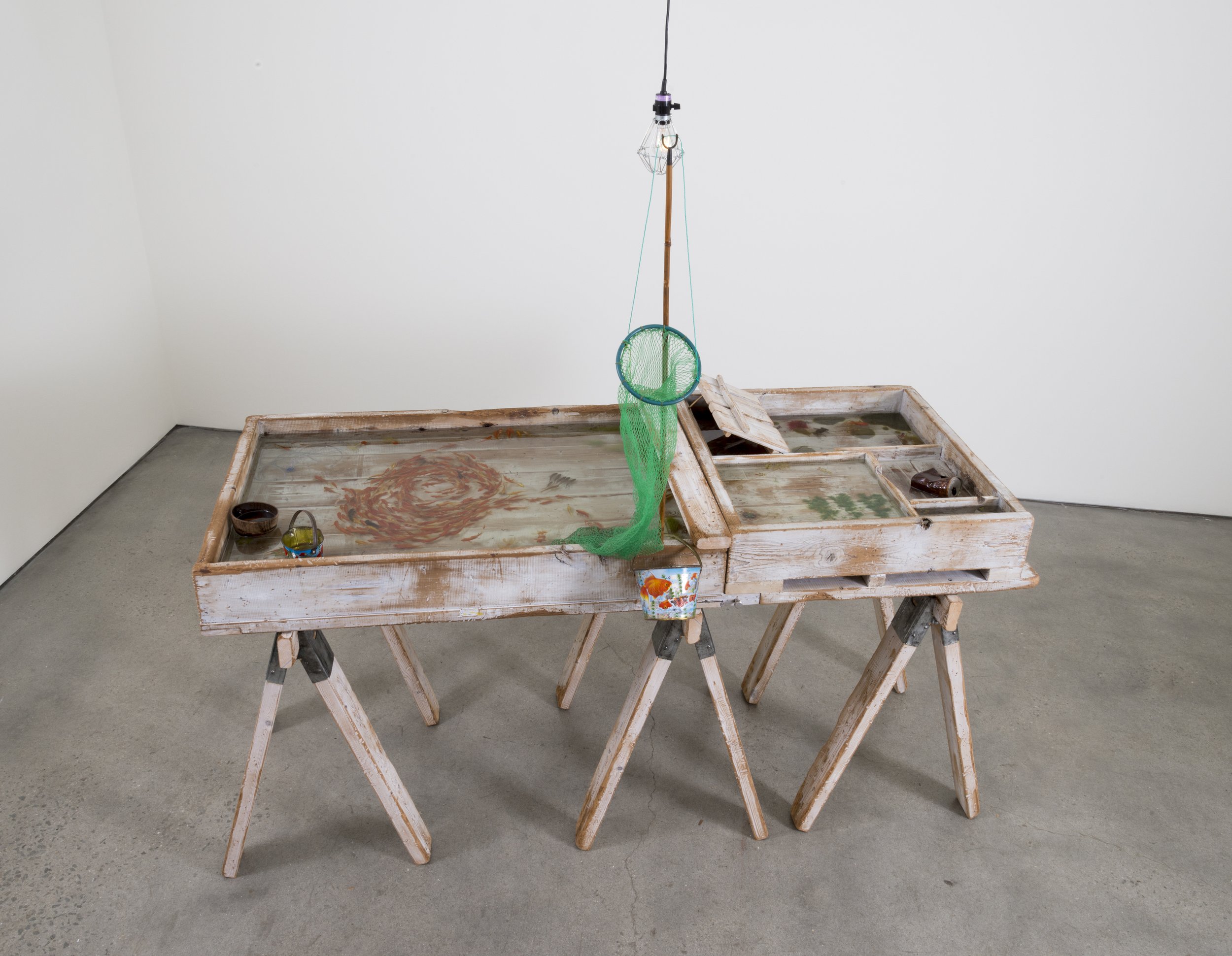 Kingyo Sukui (The Ark), 2015
Epoxy resin, acrylic, wood, aluminum, and net
73 x 75 x 38 in (185.4 x 190.5 x 96.5 cm)