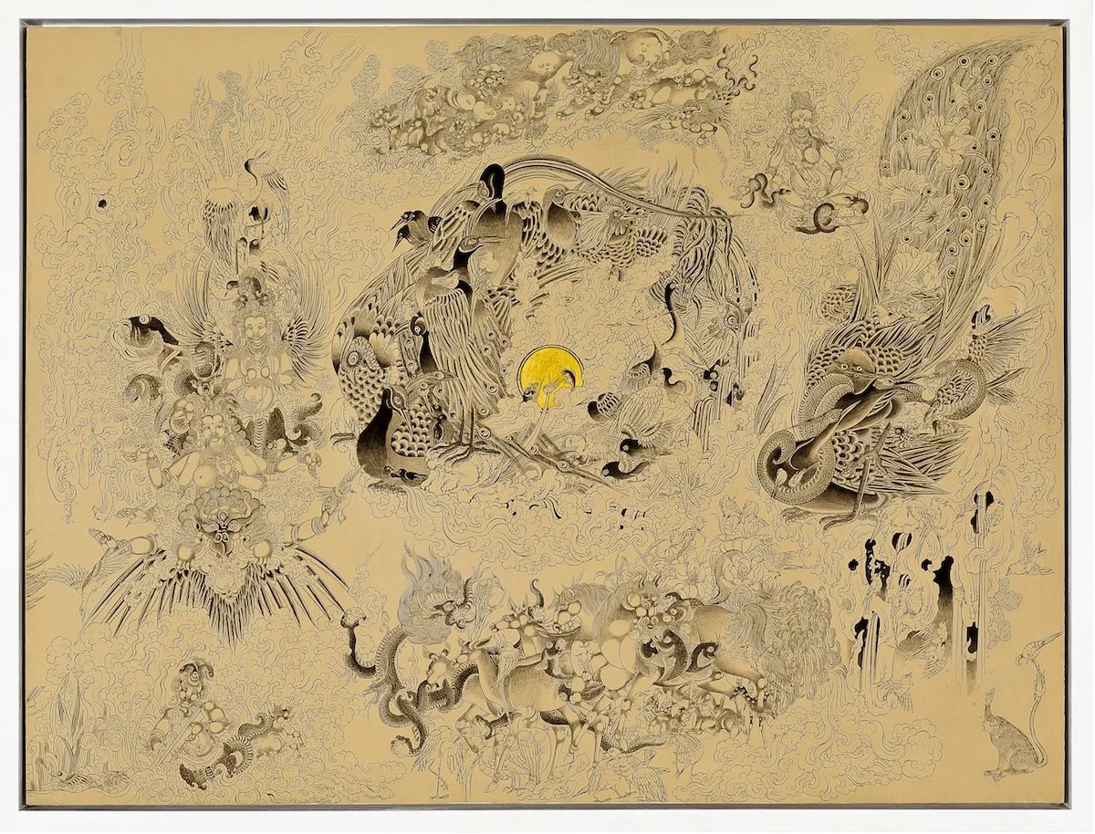 Auspicious Dream 2, 2013
Sumi ink, gold, stone pigment on wood
36 x 96 in (91.4 x 243.8 cm)