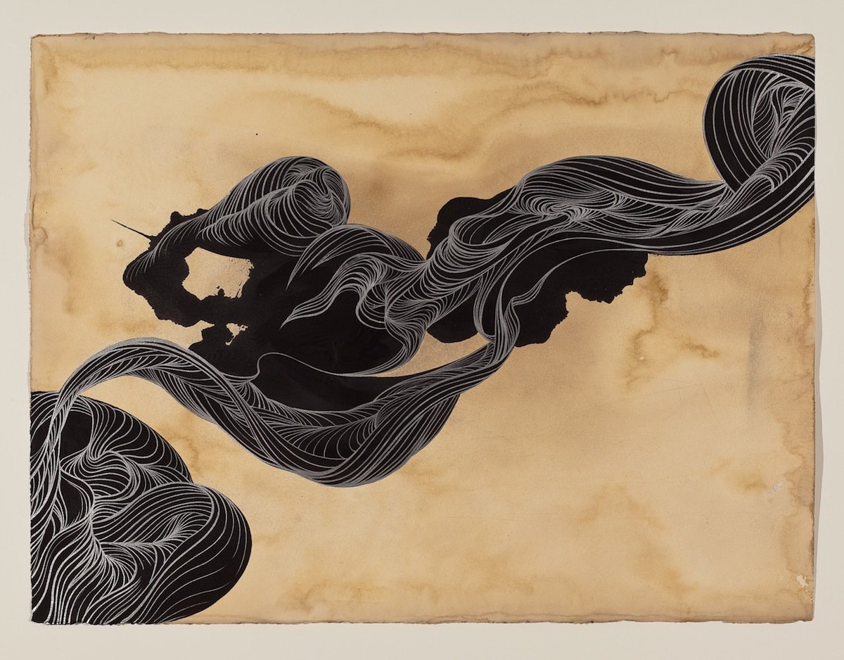 Flow 1, 2013
Acrylic, ink, spray-enamel, tobacco stain on paper
22 x 30 in (55.9 x 76.2 cm)