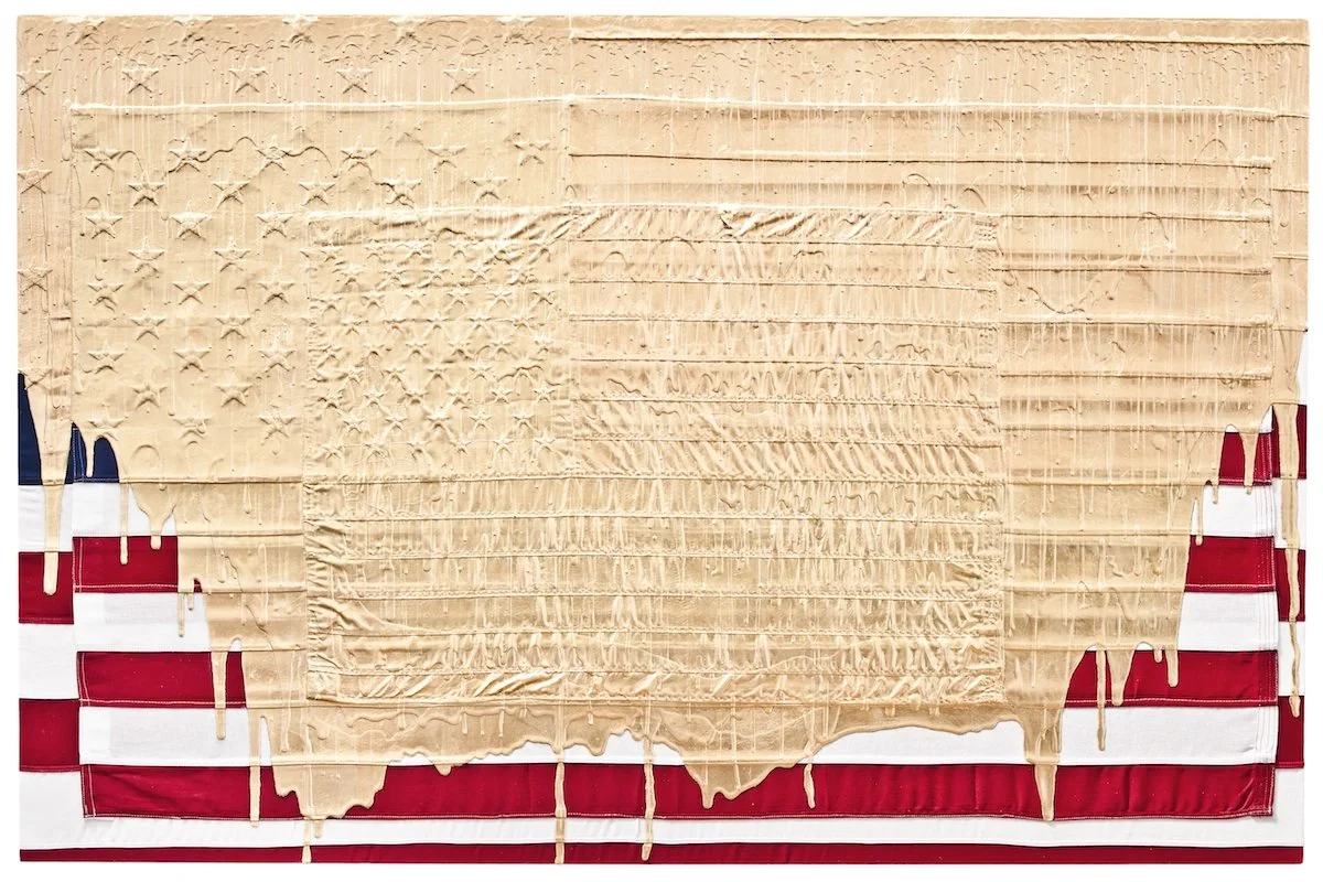 Andrew Schoultz 
Three Flags (Big Drip)
Acrylic and gold leaf on American flags over panel
42 x 66 in (106.7 x 167.6 cm)
