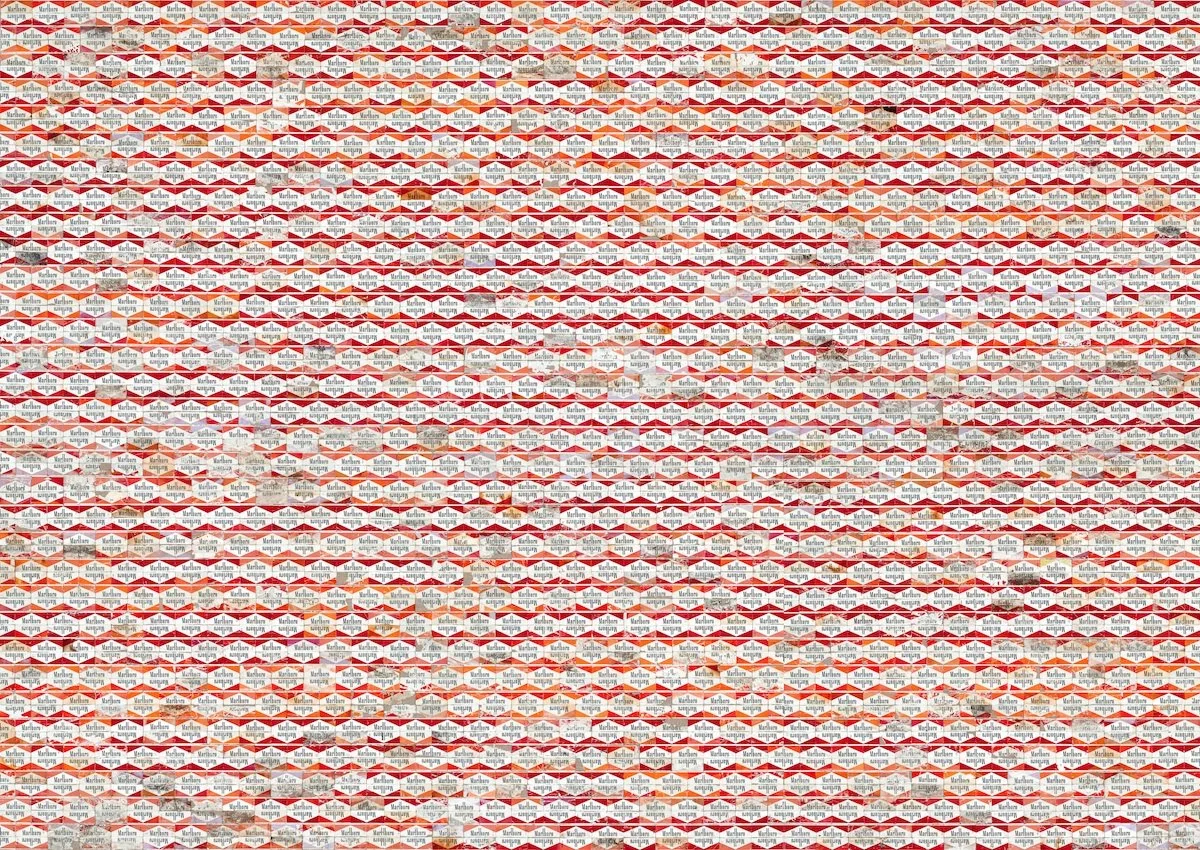 Traverse, 2013
Discarded Marlboro cigarette packaging on linen
58 x 82 in (147.3 x 208.3 cm)