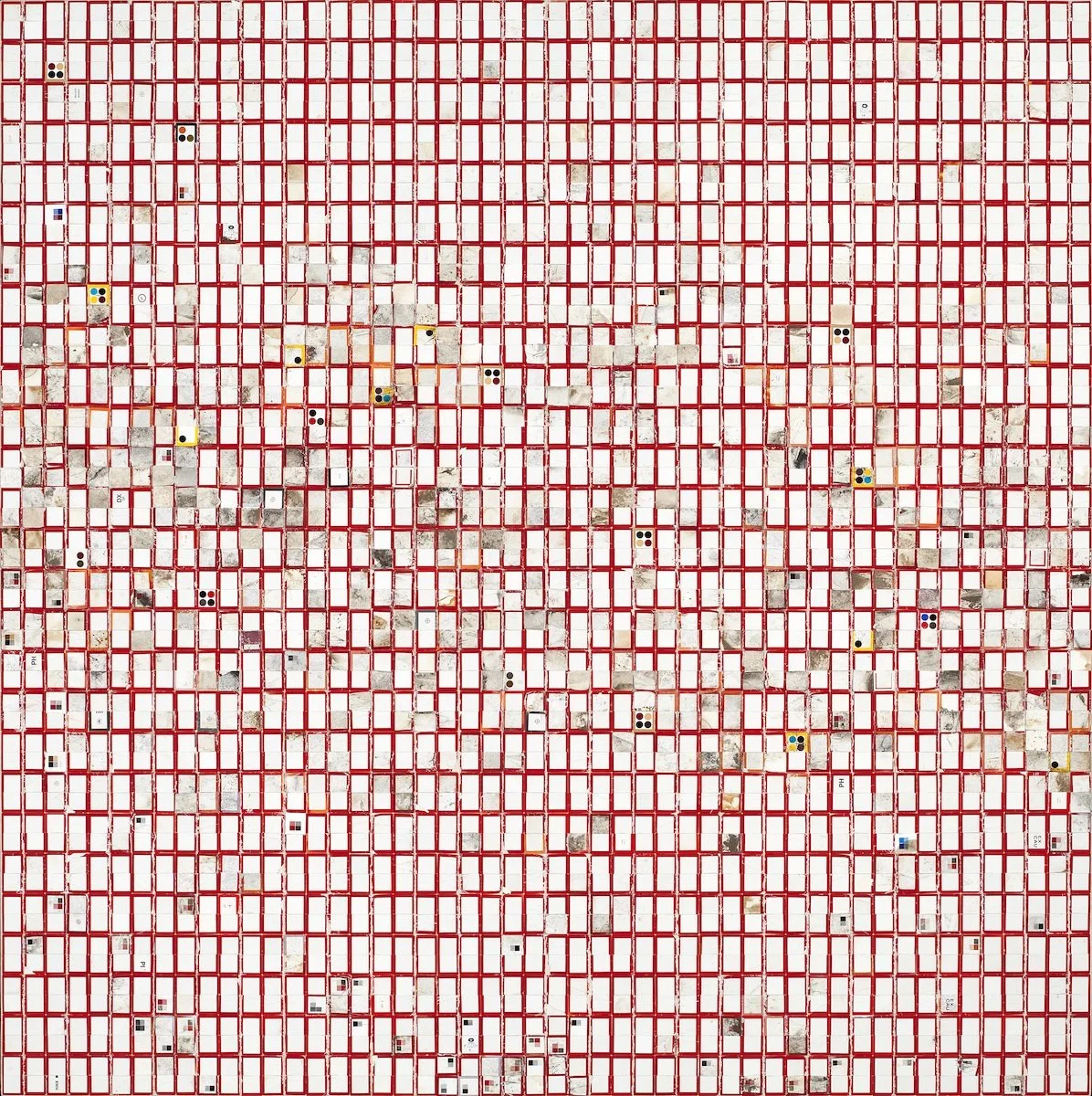 Rectangles and Squares, 2014
Discarded cigarette packaging on canvas
46.5 x 46 in (118.1 x 116.8 cm)