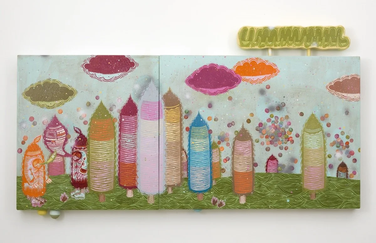 Attempting to Be Here, 2014
Acrylic, gouache, spray paint on wood panels and
gourds
44 x 78 in (111.8 x 198.1 cm)