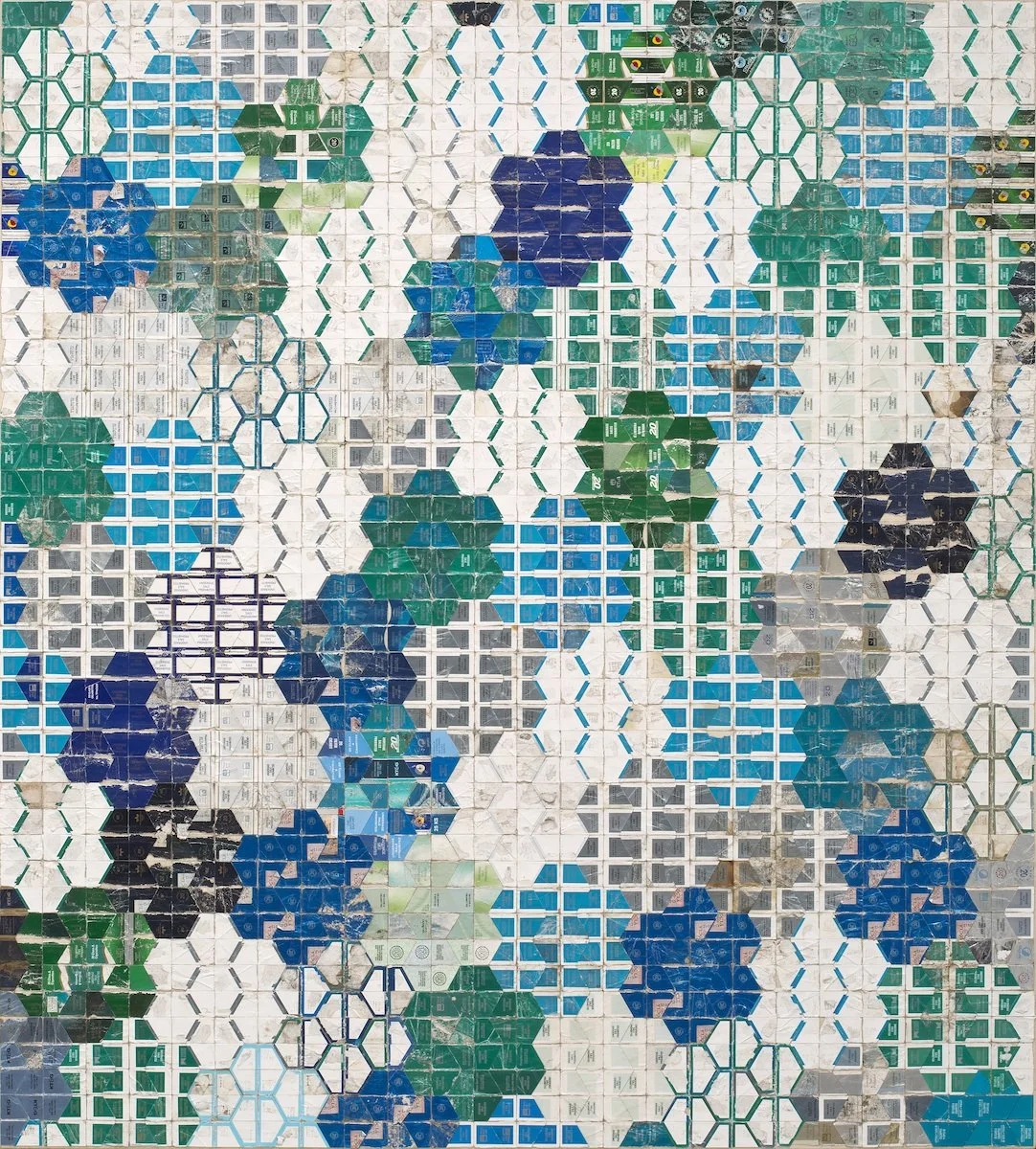 Blue Green Honeycomb, 2014
Discarded cigarette packaging on canvas
38.75 x 34.75 in (98.4 x 88.3 cm)