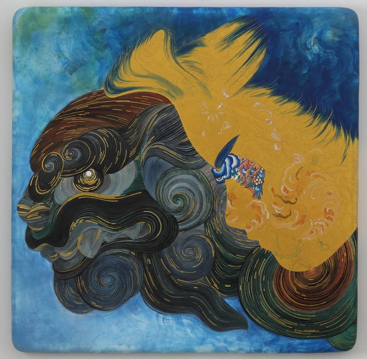 aoi ooinu, 2012
Acrylic on cotton, blanket and panel
43 x 43 x 2.5 inches / 110 x 110 x 6 cm