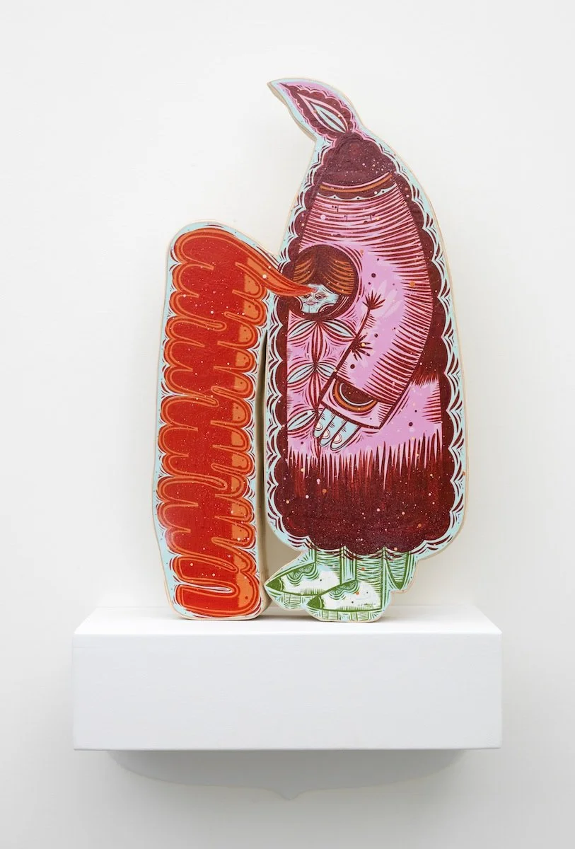 Ummmm Guy, 2014
29 x 16.5 x 3 inches
Acrylic, gouache, spray paint on wood