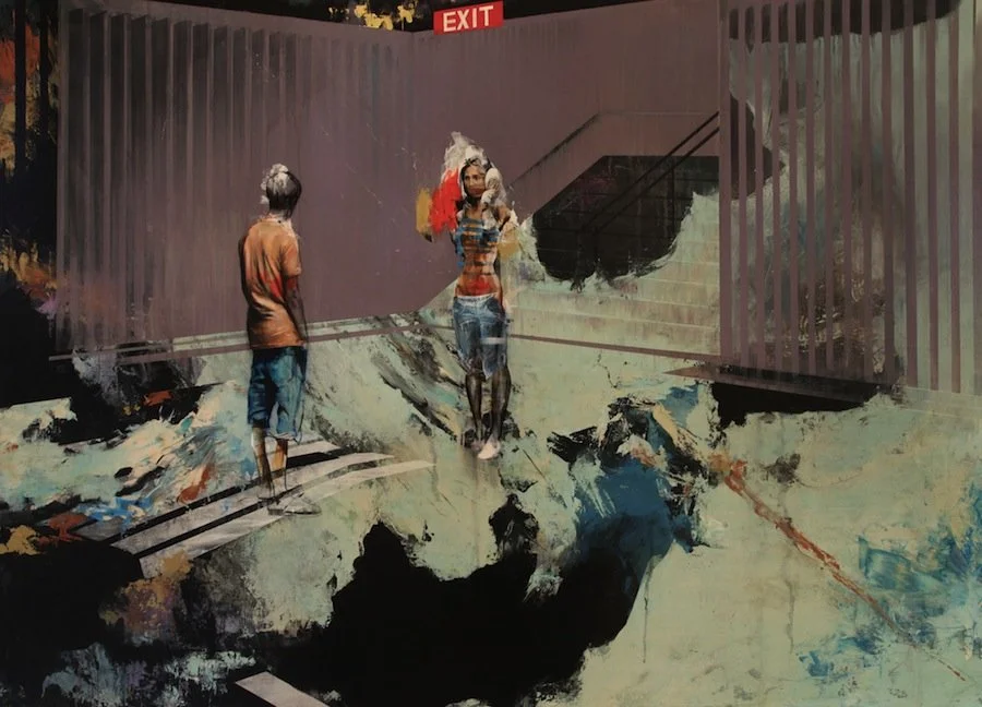 A Young Actress Forgets Her Lines and Loses Her
Voice, 2012
Oil, acrylic, pen, charcoal, pencil on canvas
36 x 50 in (91.4 x 127 cm)