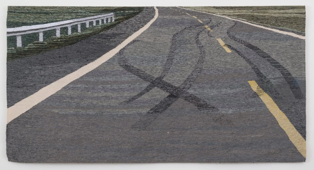 History 40, 2015
Handwoven wool and cotton tapestry
54 x 100 in (137.2 x 254 cm)