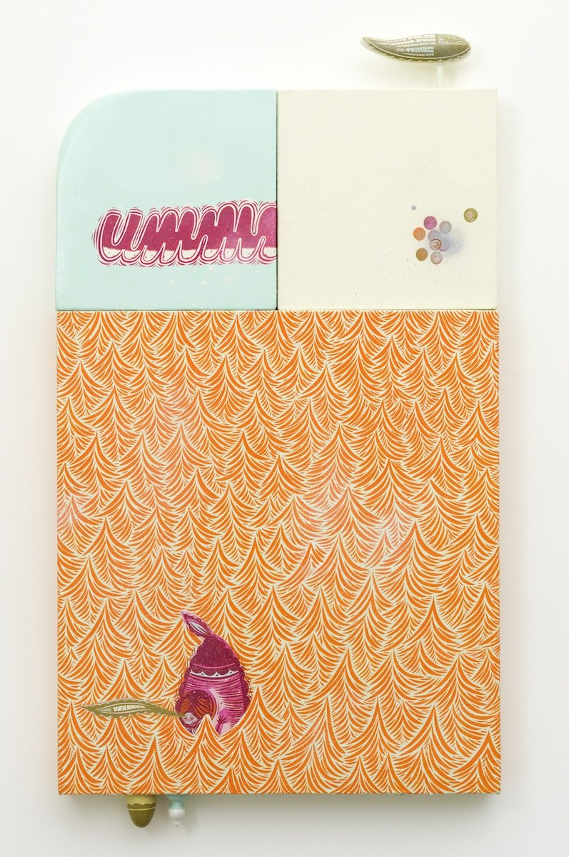 Wading, 2014
Acrylic, gouache, spray paint on wood panels and
gourds
58 x 32 in (147.3 x 81.3 cm)