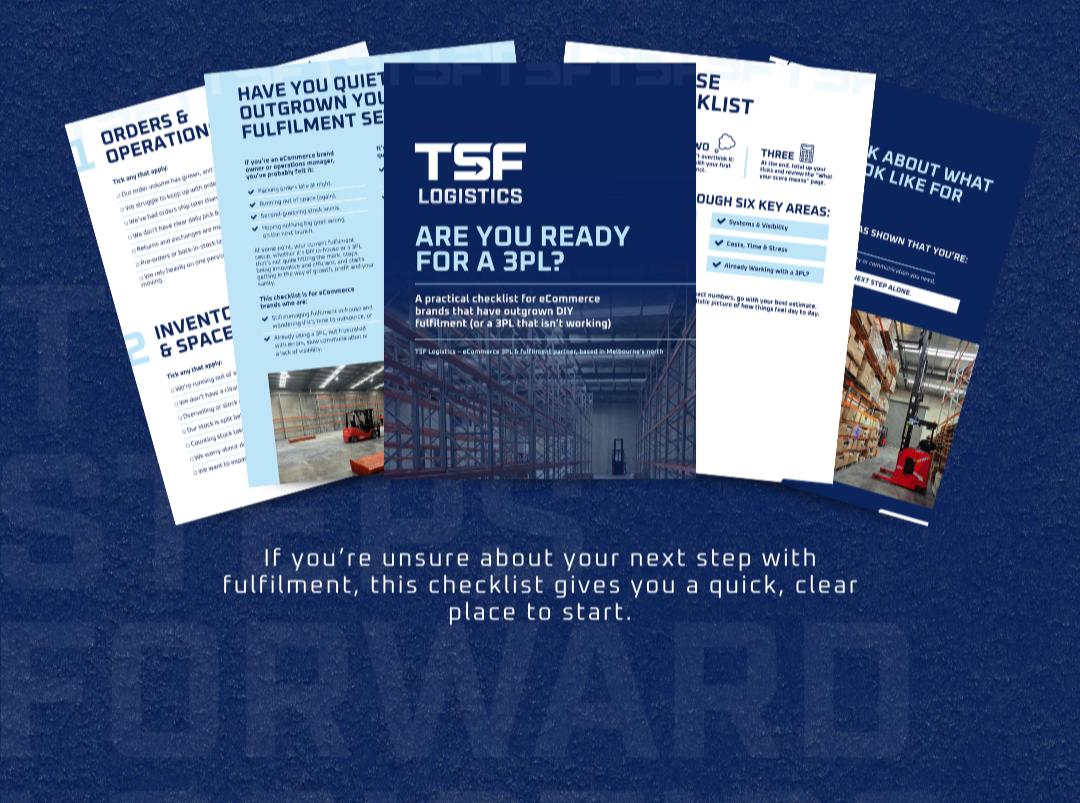 Digital graphic of multiple sheets of paper with logistics and fulfillment checklist, including a central cover page titled 'TSF Logistics Are You Ready for a 3PL?' on a blue textured background with a caption about eCommerce fulfillment.