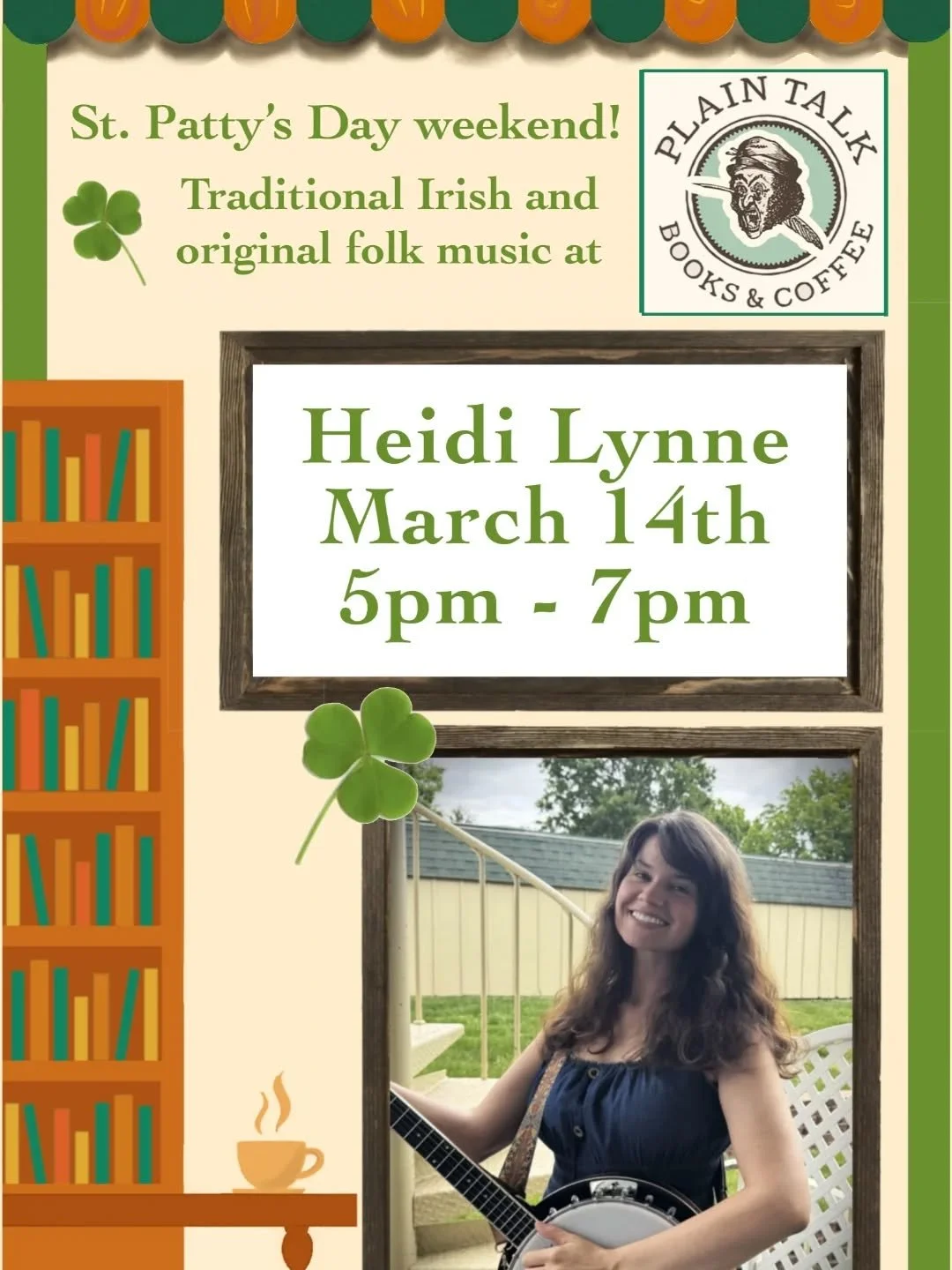 March is just around the corner! I bet you'll need a little break from rollicking at the pubs, so come check out my music on St. Patty's Day weekend and grab coffee or food at @plaintalkbooks

#irishmusic #stpatricksday #march #banjo #traditionalfolk