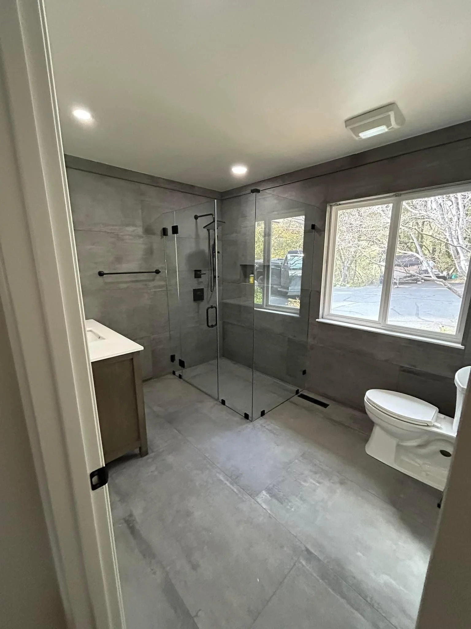 Modern bathroom remodel with custom tile work in Calaveras County.