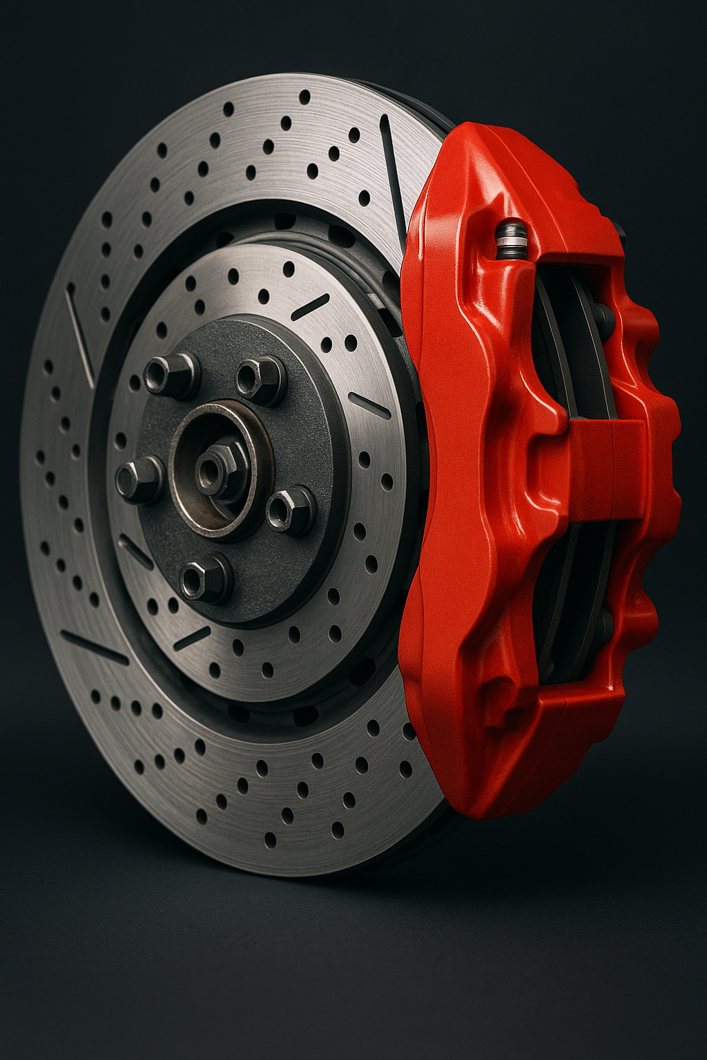 Close-up of a silver car brake disc with multiple small holes and a bright red brake caliper on a dark background