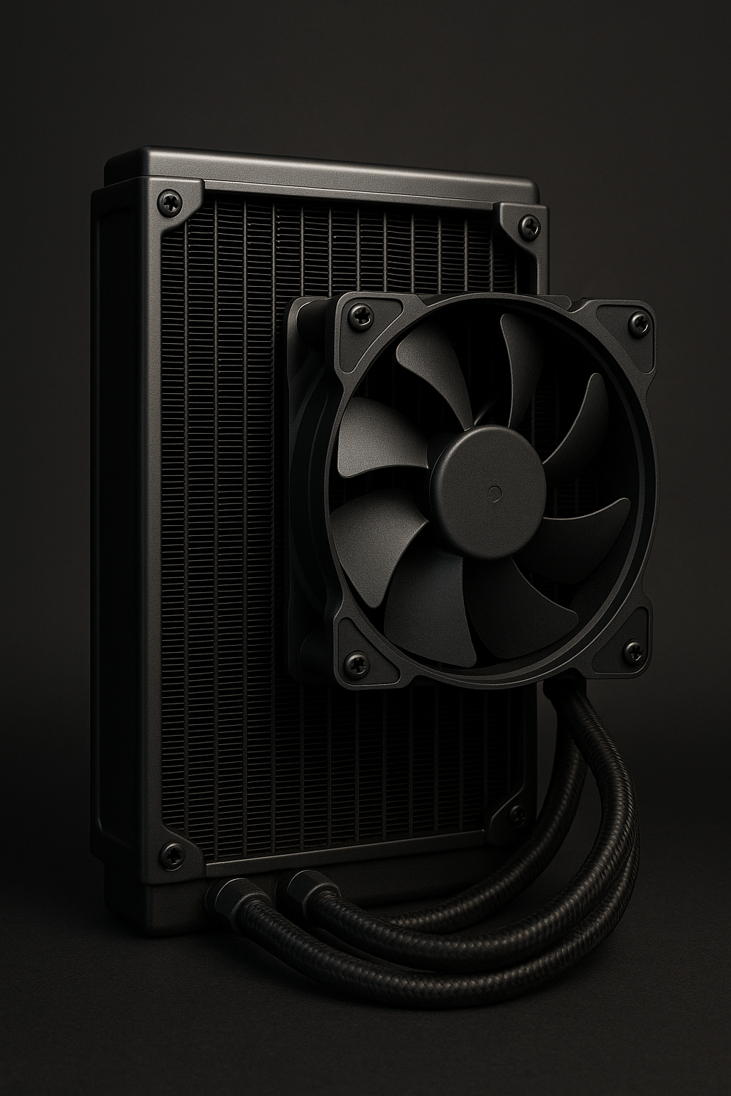 Black computer liquid cooling radiator with attached fan against a black background.