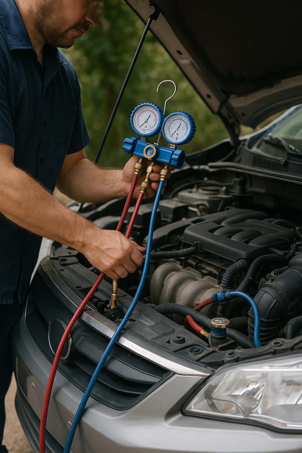 A man checks the car's air conditioning system using manifold gauge set with hoses connected to the service ports under the hood of a car.