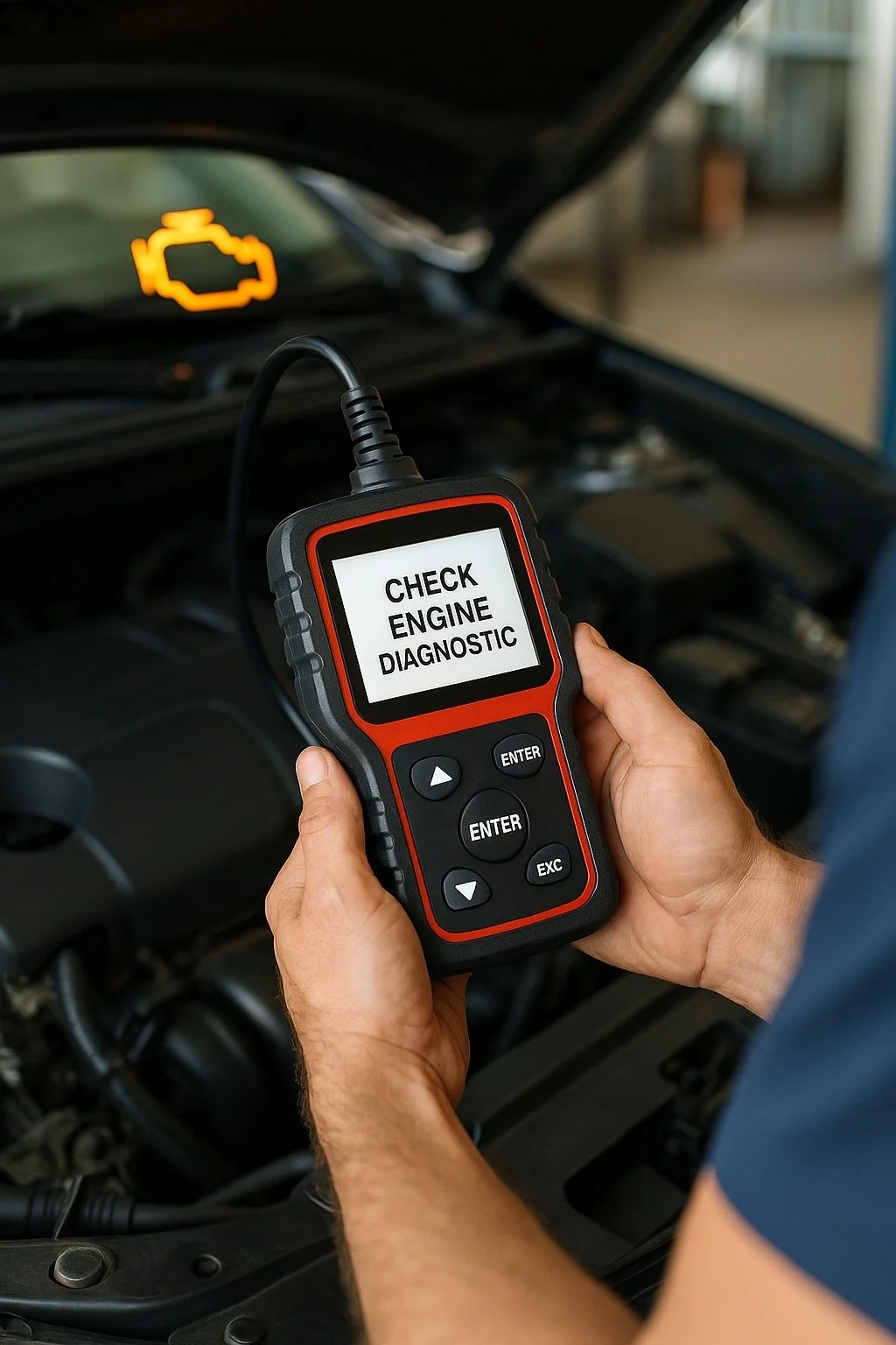 Person holding a handheld engine diagnostic scanner displaying the message 'Check Engine Diagnostic' with a car engine warning light illuminated on the dashboard.