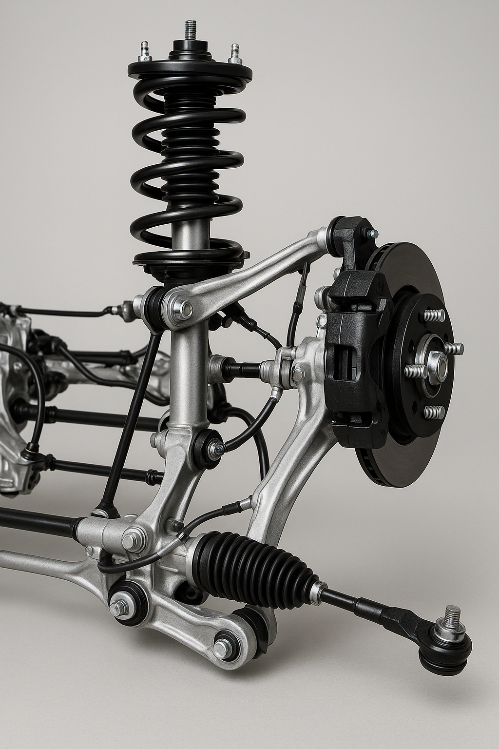 Close-up of automotive suspension and steering components, including a coil spring, shock absorber, brake caliper, and hub assembly on a gray background.