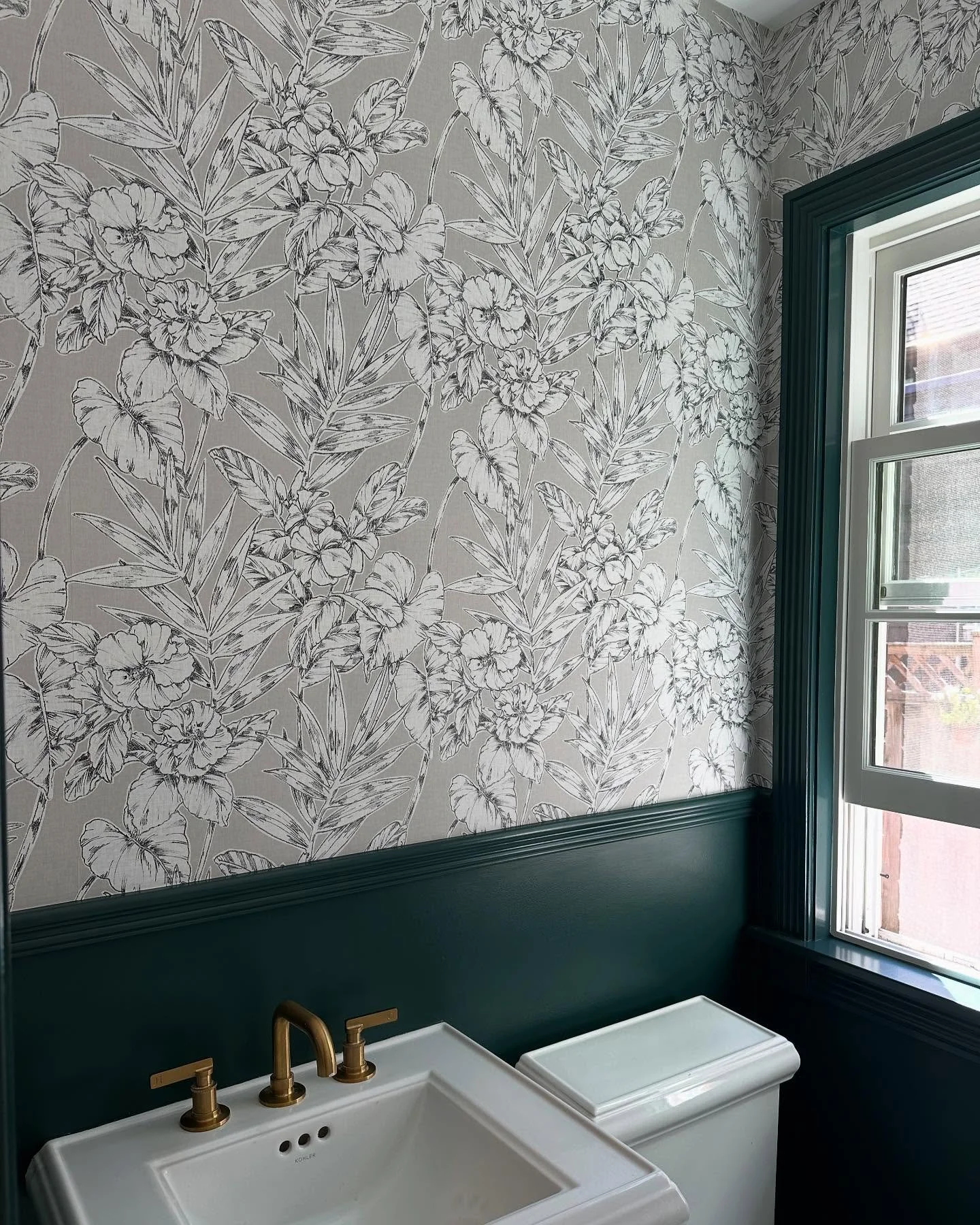 New wallpaper, paint &amp; faucet in this lovely powder room refresh.

#interiordesignprogress 
#wallpaper #wallpaperinstall #fabricut #kohler