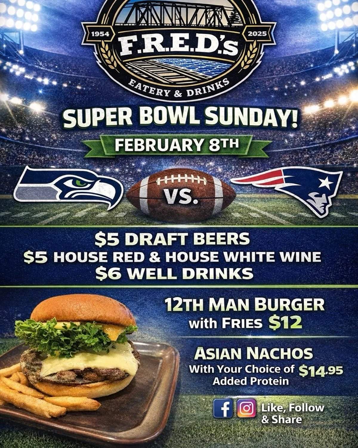 Come enjoy the game and some specials at F.R.E.D's Super Bowl Sunday -Go Hawks #12 #freds #snohomish #superbowl #hawks