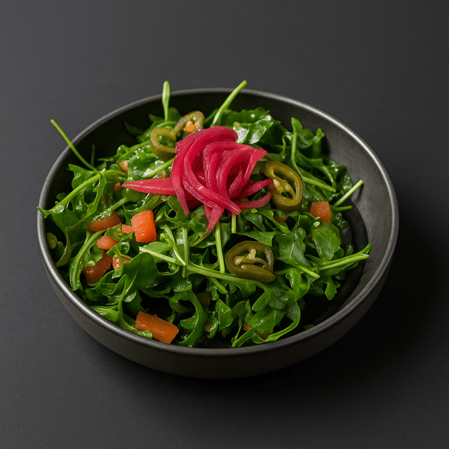 sweet heat garden salad featuring a mixture of spinach and arugula tossed in a housemade bell pepper vinaigrette