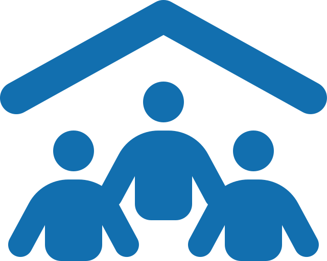 group of people under a roof icon in blue