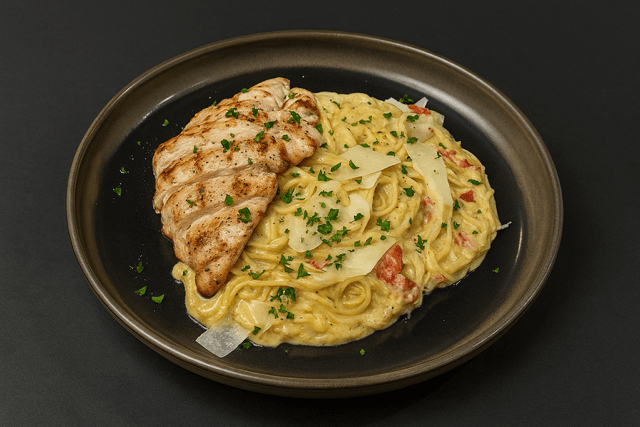 grilled chicken breast with linguini in a garlic cream sauce, with diced bell peppers, parmesan and parsley.
