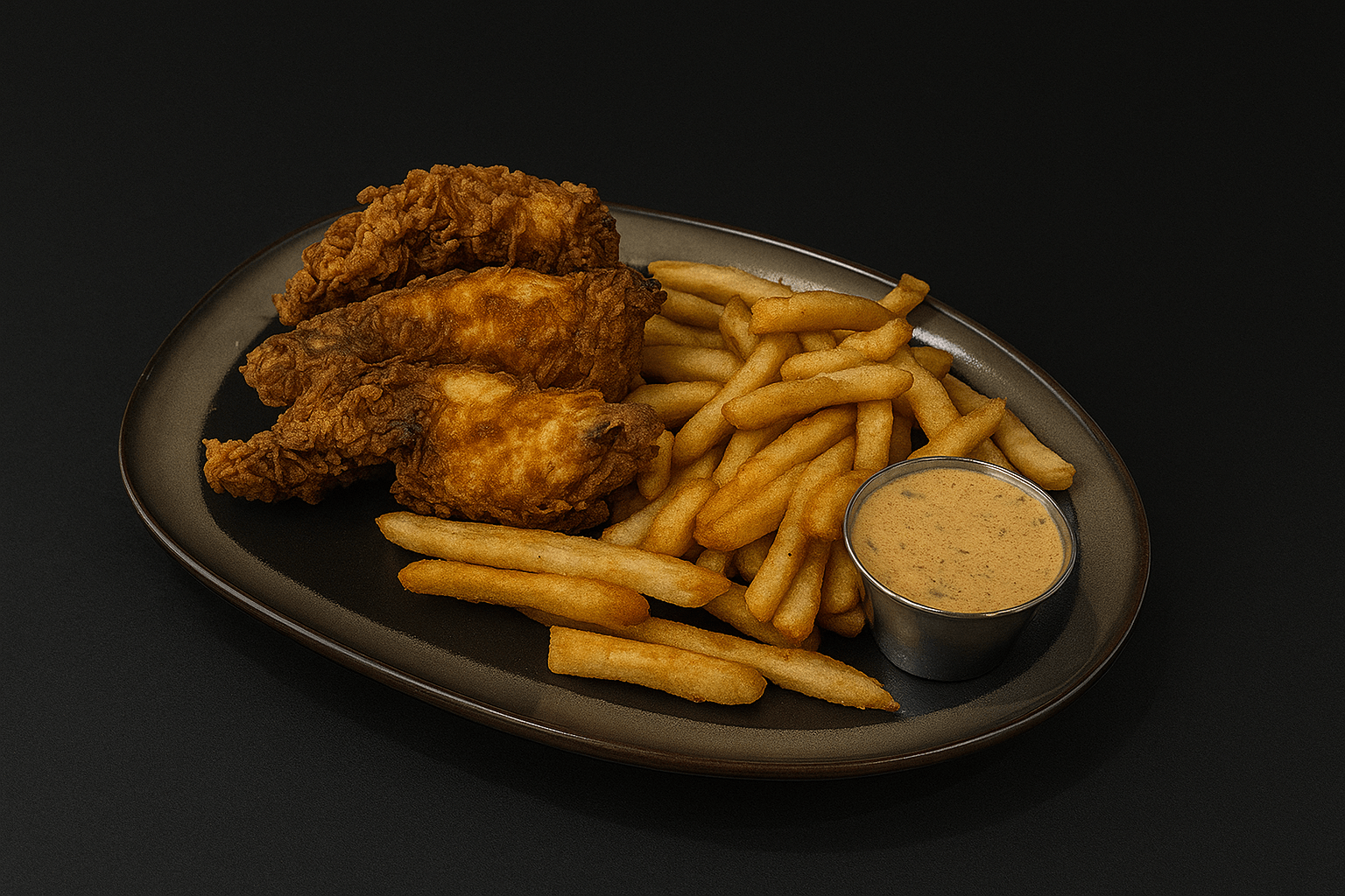 fried chicken tenders, fries and dipping sauce