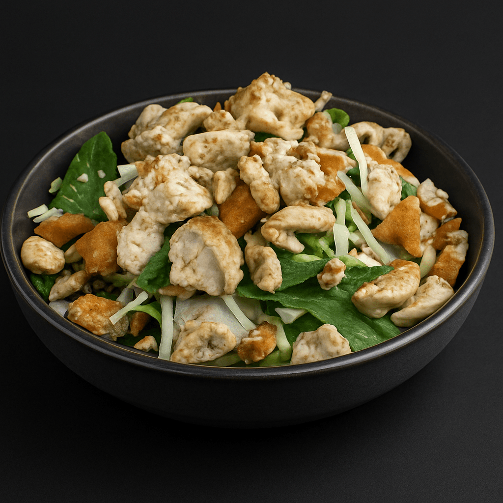 asian salad with chicken, onions, cilantro, mozzarella and crispy wontons.