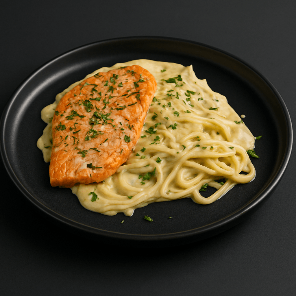 grilled sockeye salmon atop linguine tossed in a garlic cream sauce